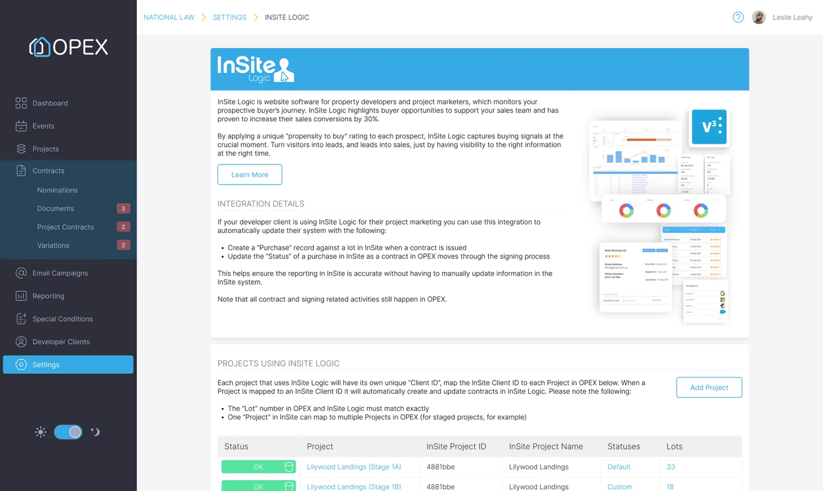 The Insite Logic integration settings screen in OPEX