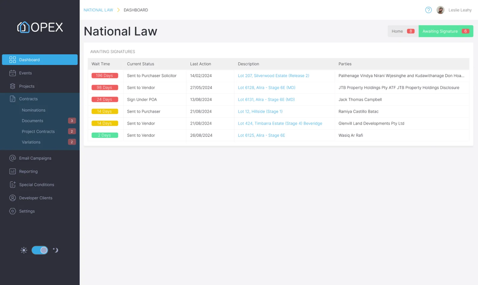 The OPEX contract list filtered to contracts awaiting signature