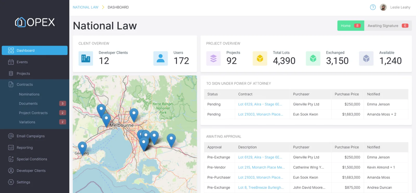 The OPEX project view used by a law firm, listing contracts and their current status