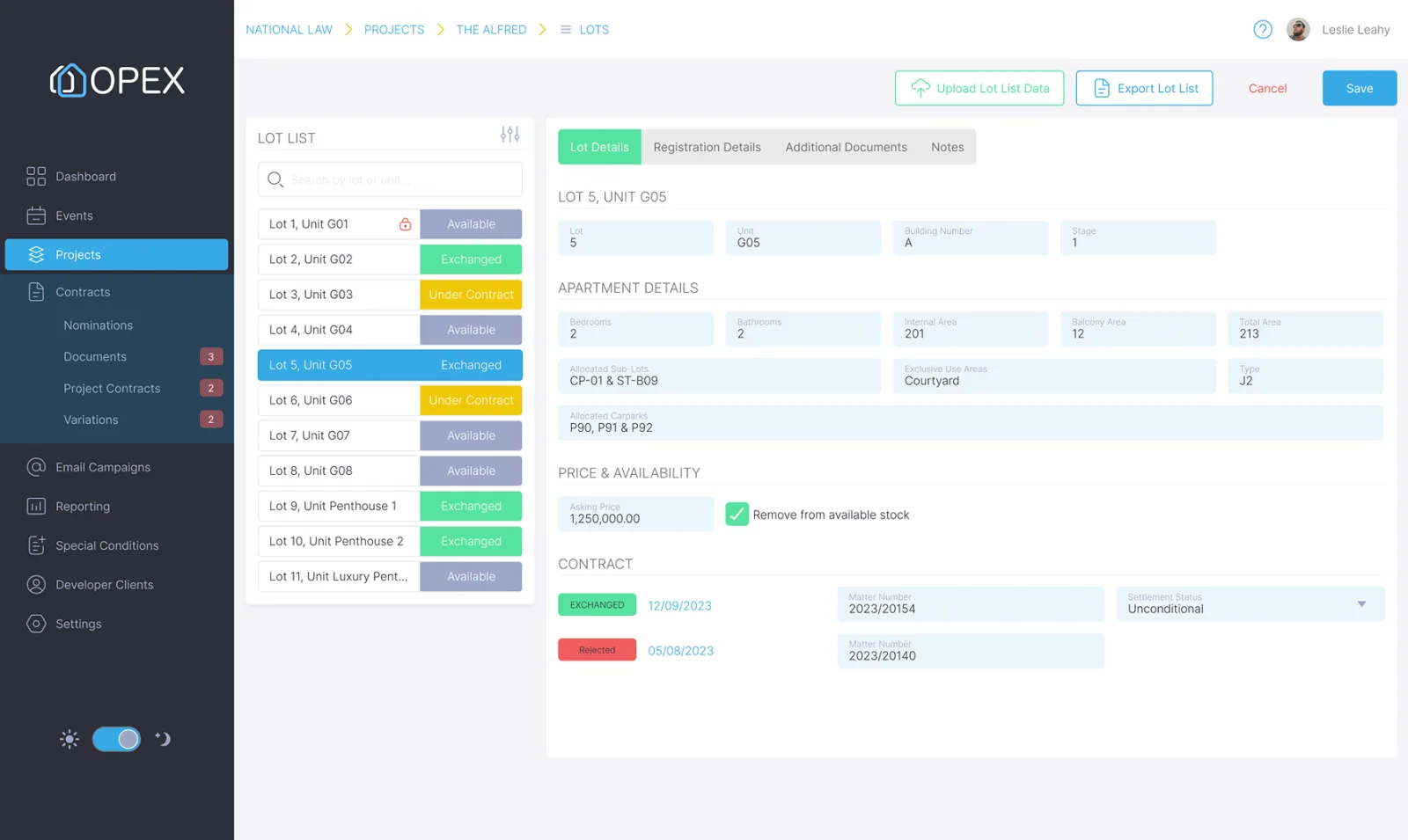 A live sales schedule listing each lot and its current status