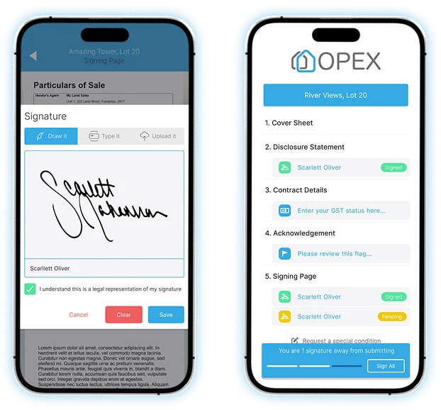 A purchaser signing a contract on a mobile phone