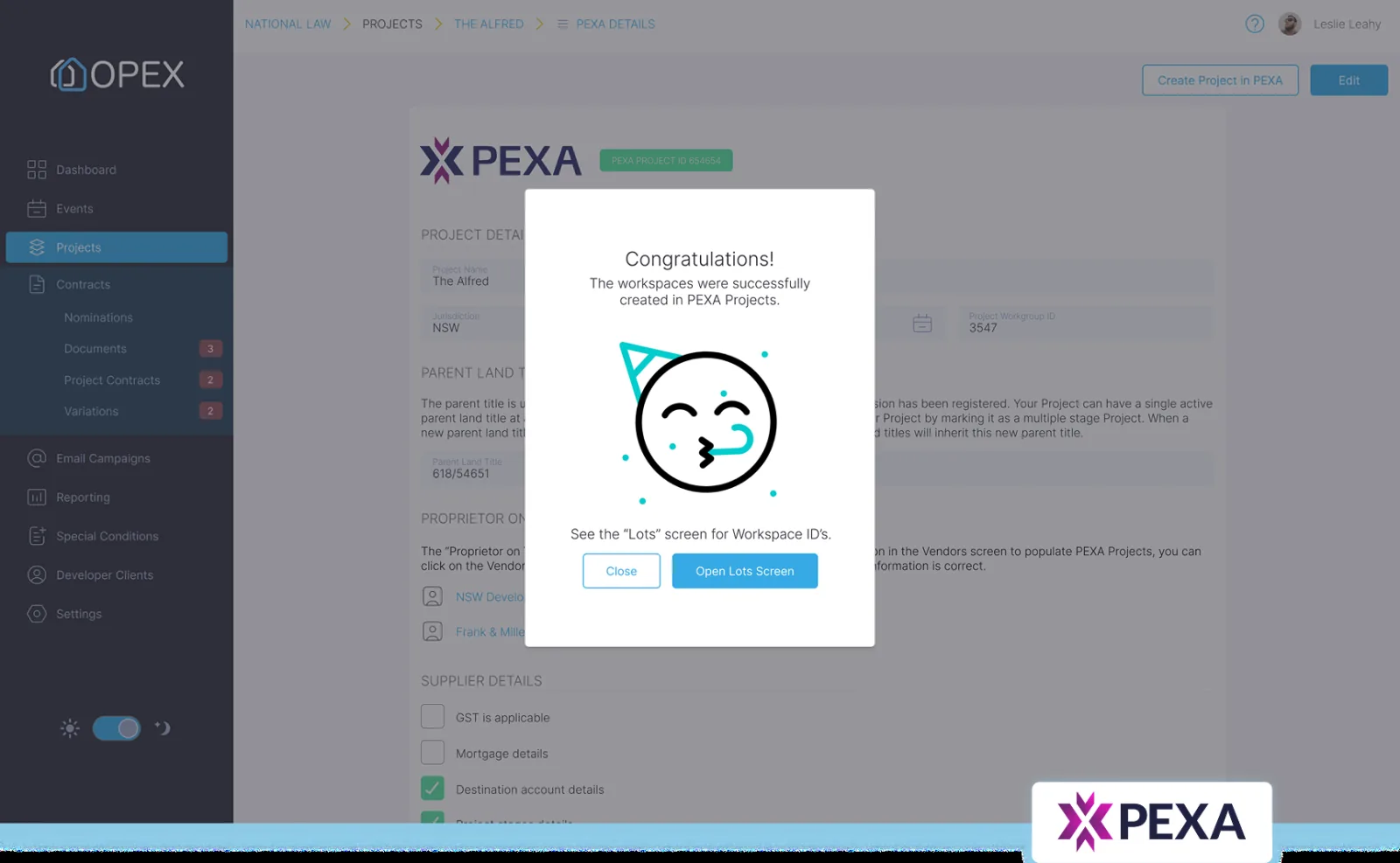 The PEXA workspace creation screen inside OPEX