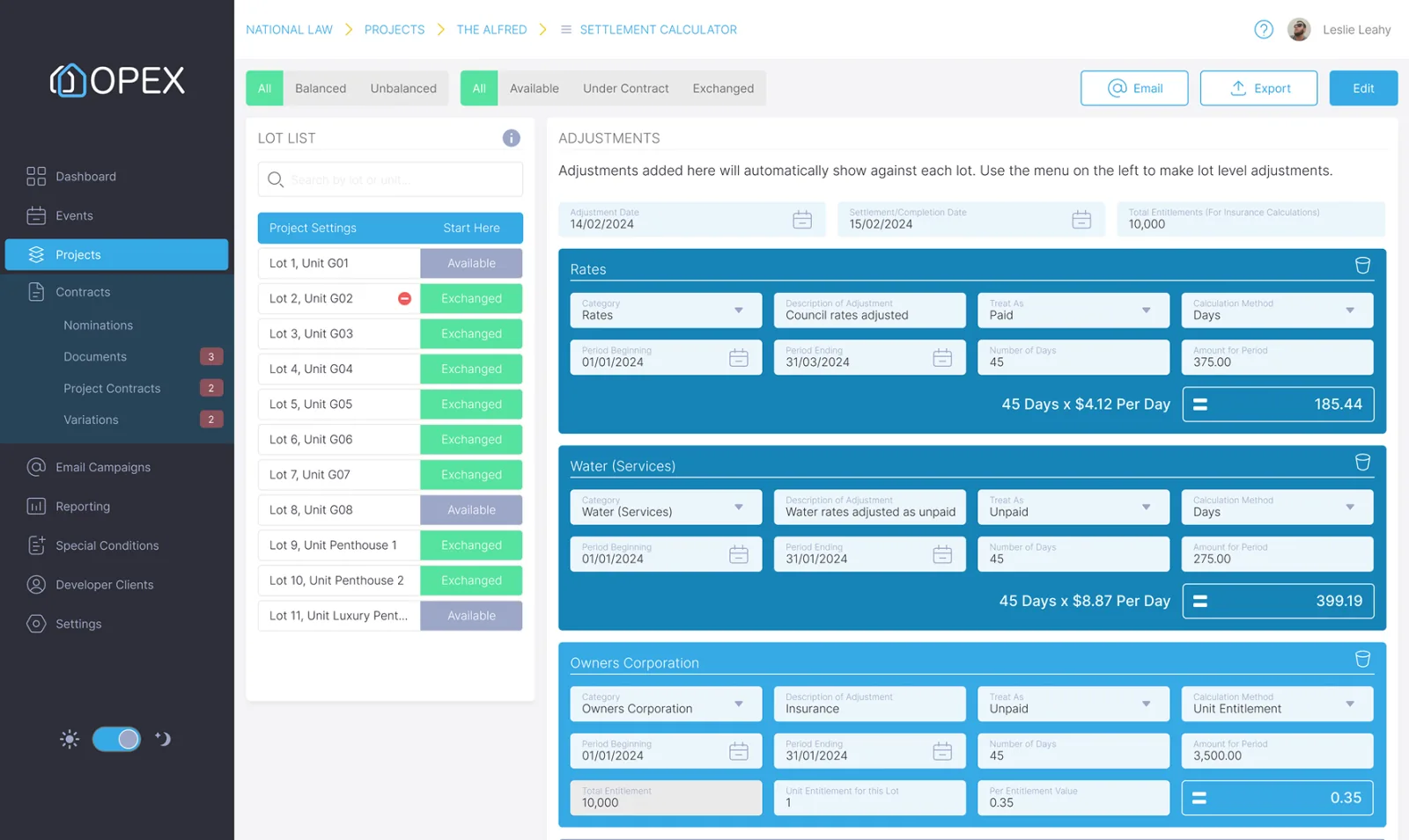 The OPEX settlement calculator listing adjustments against a lot