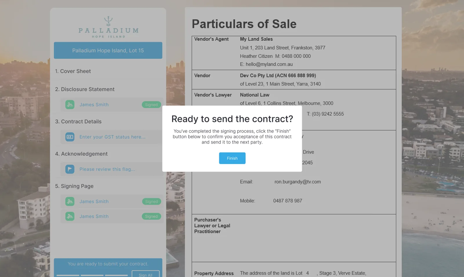 A contract being signed in OPEX, with the particulars of sale and signature fields