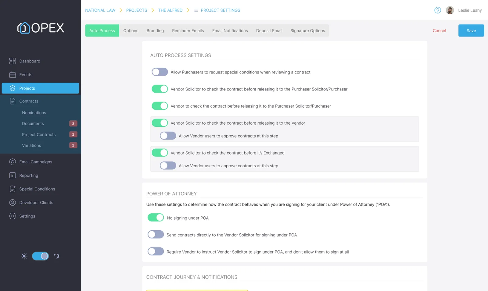 Contract workflow settings in OPEX, controlling the checks a sale passes through before a contract is released