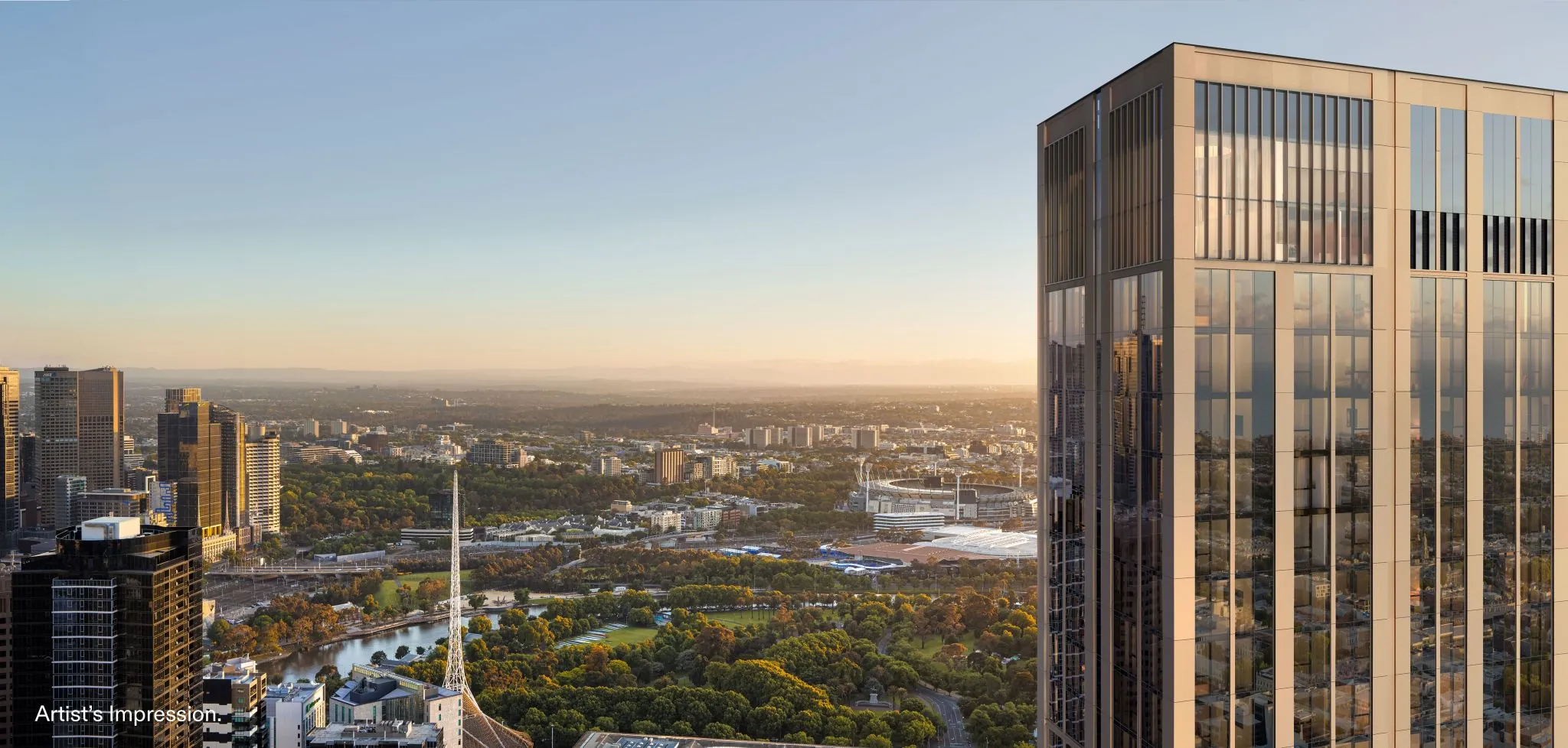 Artist’s impression of the AURA tower at sunset, looking out over the Yarra, the Arts Centre spire and the Melbourne Cricket Ground