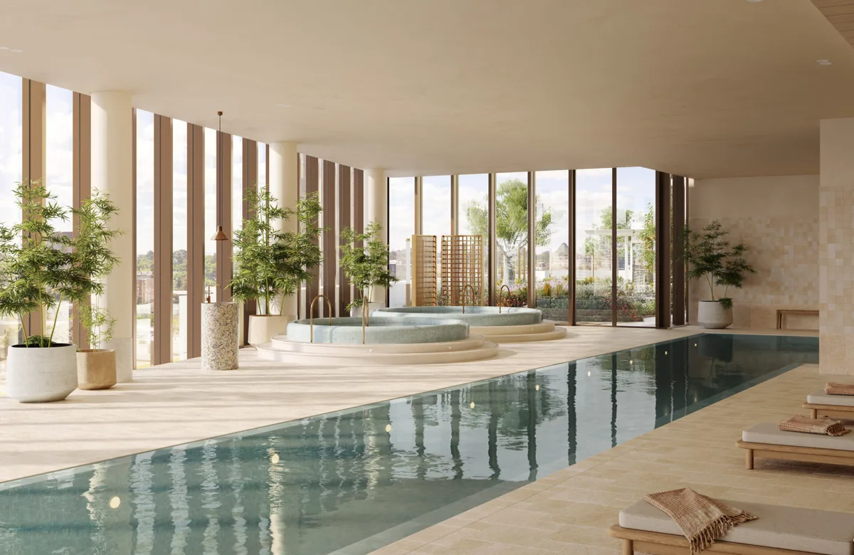 Artist’s impression of the AURA level 7 pool, a lap pool and two circular spas under full-height glazing opening to a planted terrace
