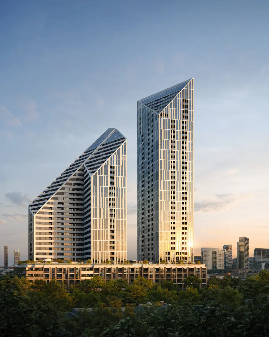 Residential towers rising above South Melbourne at sunset