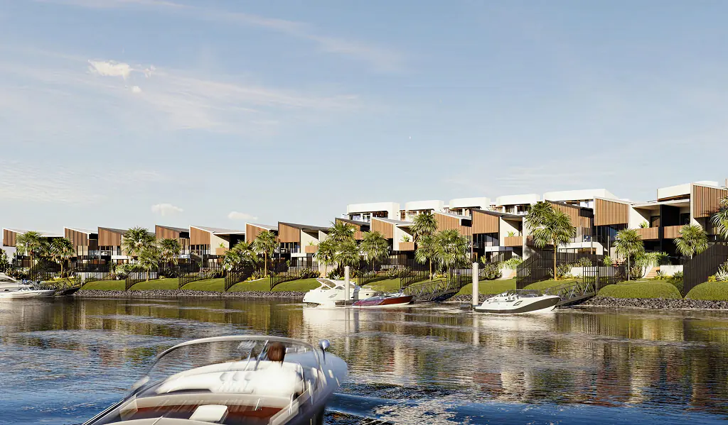 Waterfront homes along a Serenity 4212 canal with boats moored at private berths
