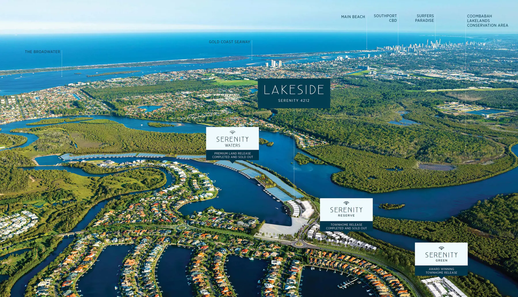 Annotated aerial masterplan of Serenity 4212 showing the Lakeside, Serenity Waters, Serenity Reserve and Serenity Green precincts