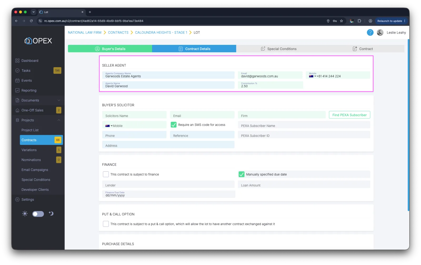 The new Vendor Agent section on the Contract Details screen, with agency name, agent contact details and commission percentage