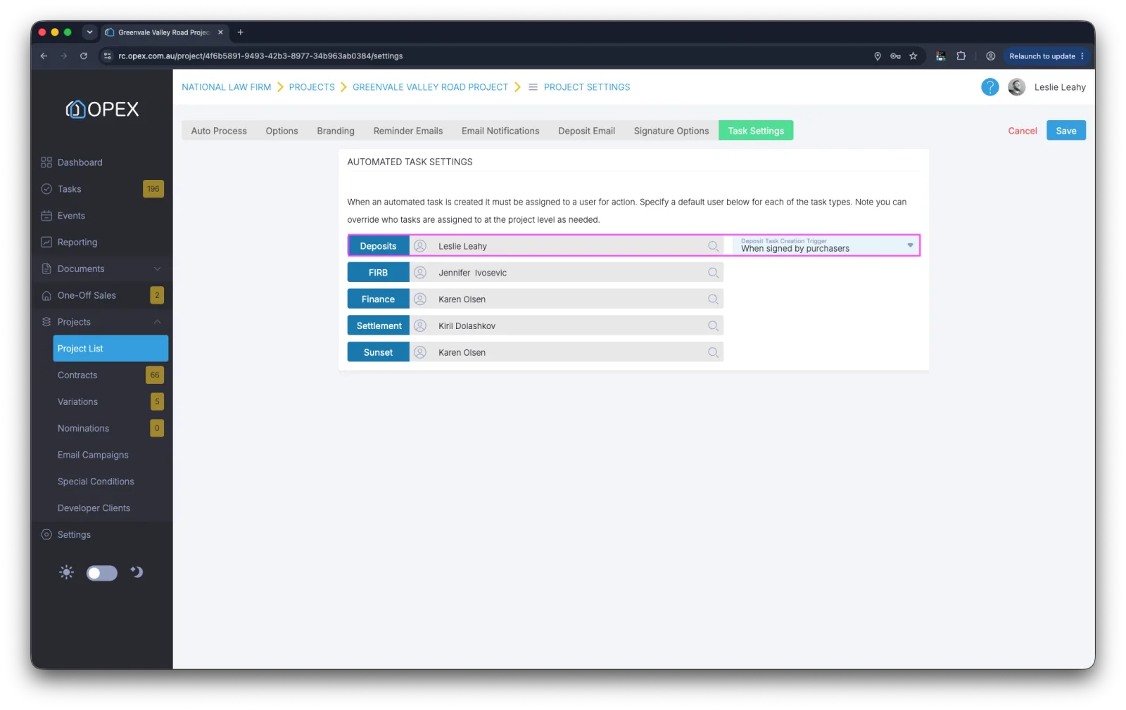 The deposit task creation trigger setting on the Task Settings screen in Project Settings