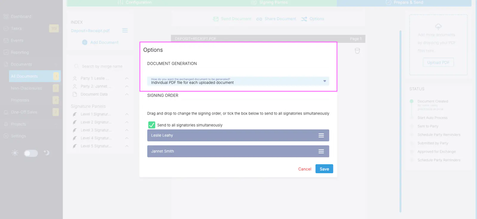 The new Options dialog on the Prepare & Send screen, with the Document Generation setting set to generate an individual PDF file for each uploaded document
