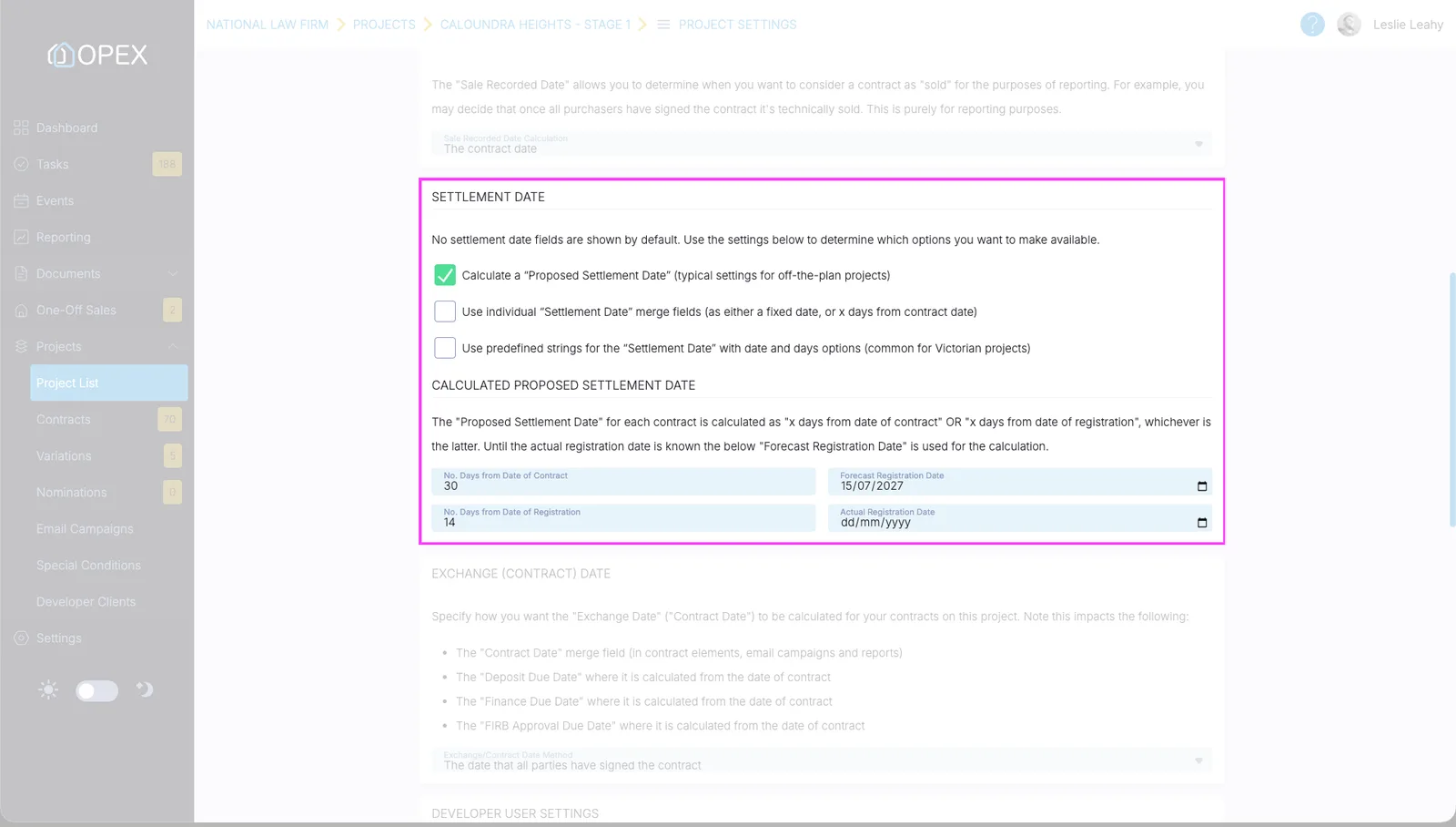 The Calculated Proposed Settlement Date settings under Project Settings, with the days from contract date and days from registration date fields